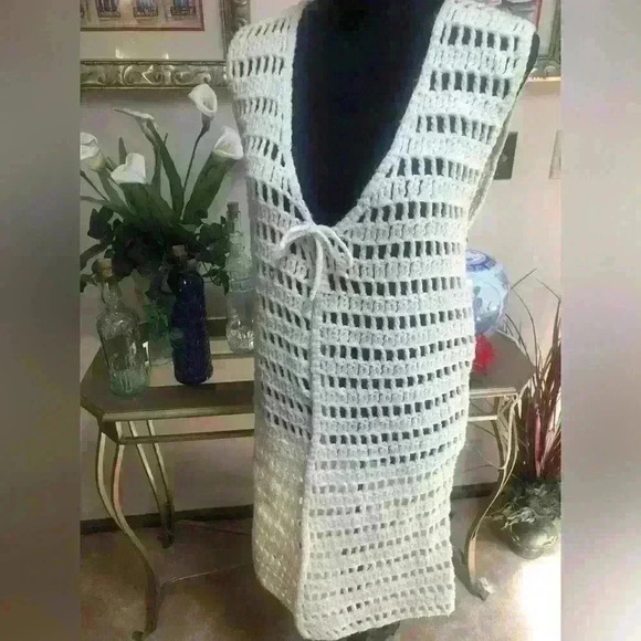 BOHO LONG WHITE OPEN CROCHETED VEST COUNTRY CONCERTS COASTAL COWGIRL SIZE S M L - Picture 4 of 10